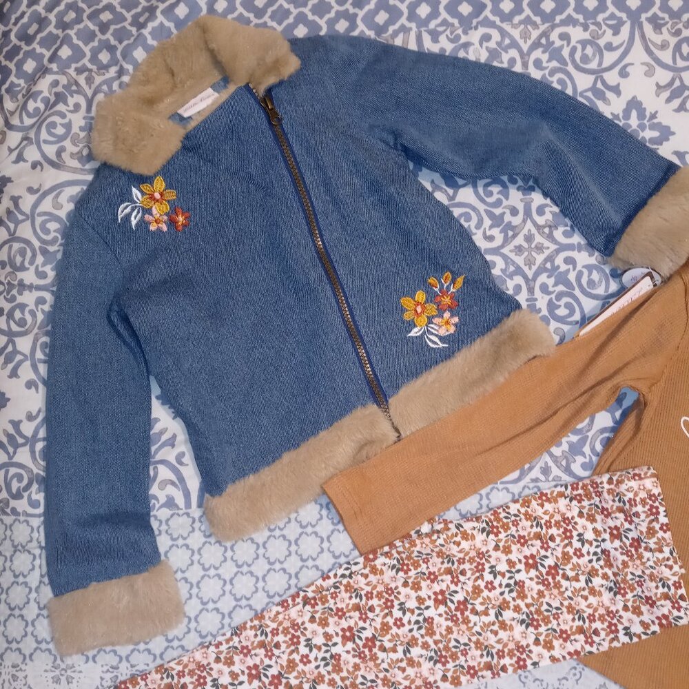 Little Lass 3 PC Denim Faux Fur Jacket/Brown Shirt/Multicolor Floral Leggings 5